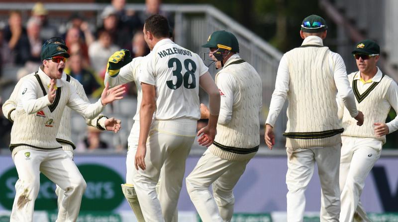 Josh Hazlewood claimed the winning wicket, trapping Craig Overton lbw, as Australia dismissed England's second innings for 197 deep into the evening session to take a 2-1 lead in the five-match series. (Photo:AFP) Josh Hazlewood claimed the winning wicket, trapping Craig Overton lbw, as Australia dismissed England's second innings for 197 deep into the evening session to take a 2-1 lead in the five-match series. (Photo:AFP)