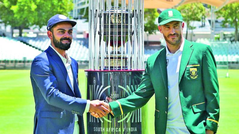 Virat Kohli (left) and Faf du Plessis pose with the Freedom Trophy ahead of their Test series. (Photo: BCCI) Virat Kohli (left) and Faf du Plessis pose with the Freedom Trophy ahead of their Test series. (Photo: BCCI)