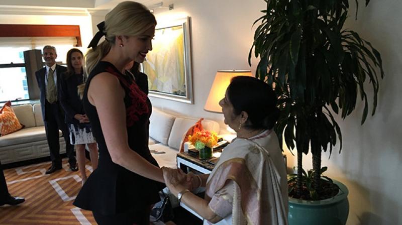 Sushma Swaraj discussed ‘Women Empowerment’ and Ivanka's forthcoming visit to India. (Photo: IndianEmbassyUS | Twitter) Sushma Swaraj discussed ‘Women Empowerment’ and Ivanka's forthcoming visit to India. (Photo: IndianEmbassyUS | Twitter)