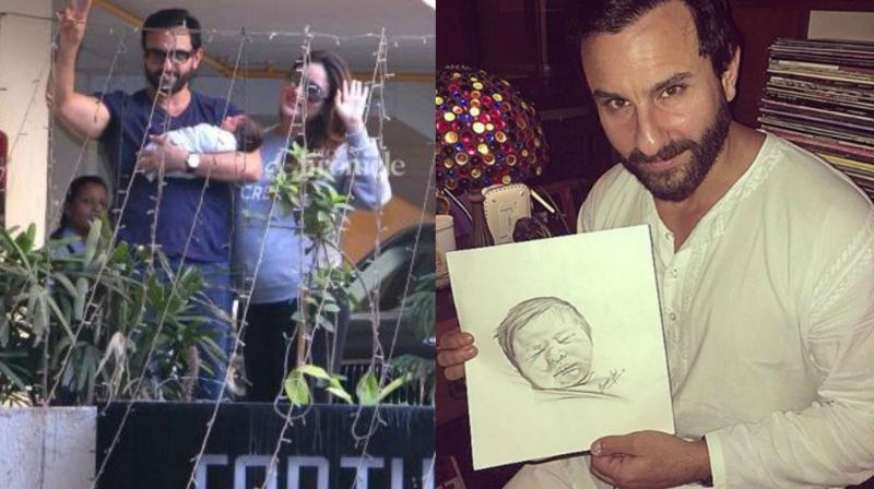 Saif and Kareena with the baby and Saif posing with the sketch. Saif and Kareena with the baby and Saif posing with the sketch.