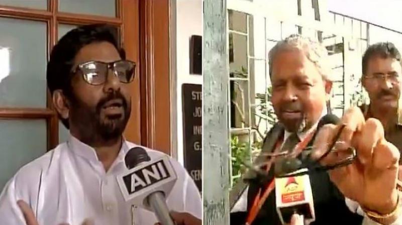 Shiv Sena MP Ravindra Gaikwad and Air India staff Sukumar. (Photos: ANI/Twitter) Shiv Sena MP Ravindra Gaikwad and Air India staff Sukumar. (Photos: ANI/Twitter)