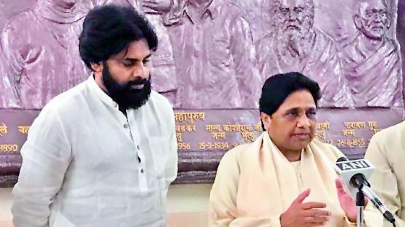 Jana Sena president Pawan Kalyan and BSP chief Mayawati at a press meet on Friday. Jana Sena president Pawan Kalyan and BSP chief Mayawati at a press meet on Friday.