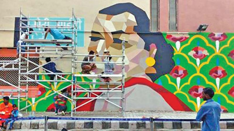 Wall art at the Vivek Vihar metro station in Jaipur. Wall art at the Vivek Vihar metro station in Jaipur.