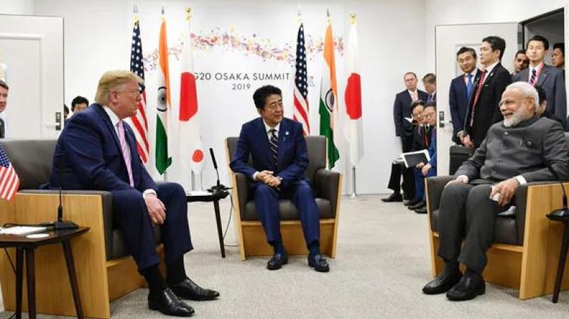 The trilateral meeting between the leaders was the second Japan-America-India or JAI meeting. (Photo: PIB India | Twitter) The trilateral meeting between the leaders was the second Japan-America-India or JAI meeting. (Photo: PIB India | Twitter)
