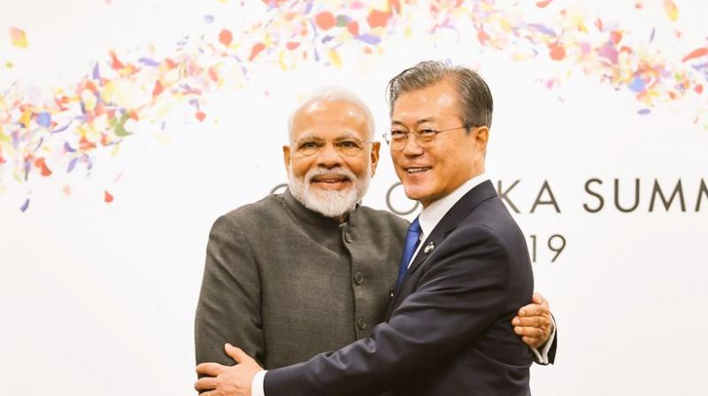 During their meeting, the two leaders expressed mutual desire to synergise India's Act East Policy with South Korea's New Southern Policy. (Photo: Twitter | Raveesh Kumar) During their meeting, the two leaders expressed mutual desire to synergise India's Act East Policy with South Korea's New Southern Policy. (Photo: Twitter | Raveesh Kumar)
