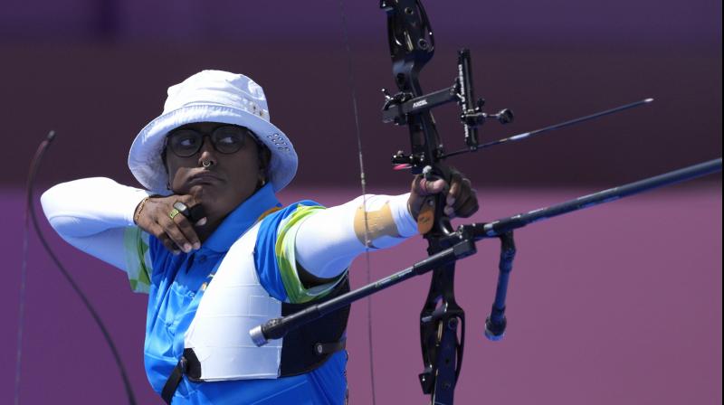 Indian archer Deepika Kumari during the mixed team event at the 2020 Summer Olympics in Tokyo on Saturday. (Photo: PTI) Indian archer Deepika Kumari during the mixed team event at the 2020 Summer Olympics in Tokyo on Saturday. (Photo: PTI)