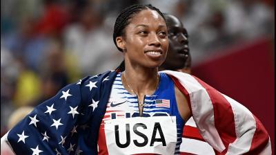 USA's Allyson Felix reacts after winning the women's 4x400m relay final during the Tokyo 2020 Olympic Games at the Olympic Stadium in Tokyo on Saturday. (Photo; AFP)