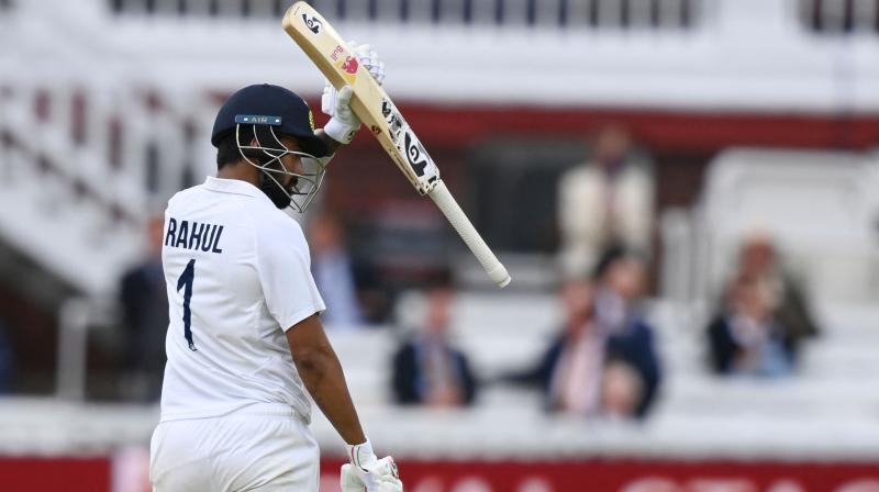 Indias KL Rahul celebrates scoring his half-century on the first day of the second cricket Test match between England and India at Lords cricket ground in London on Wednesday. (Photo: AFP)