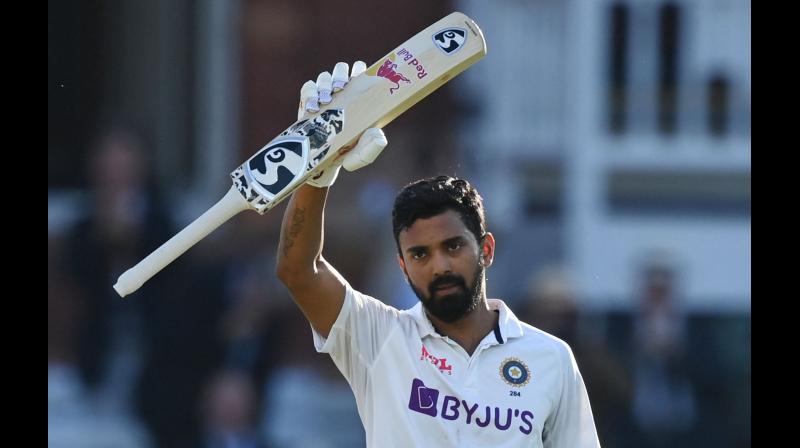 Indias KL Rahul celebrates scoring a century on the first day of the second cricket Test match between England and India at Lords cricket ground in London on Thursday. (Photo: AFP)