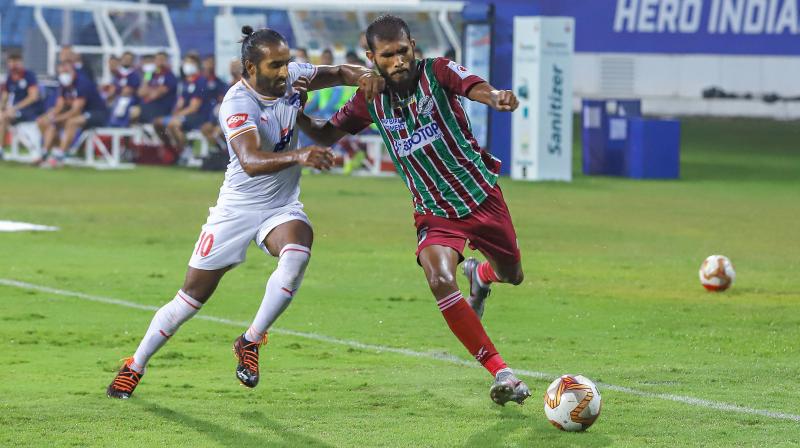Subhasish Bose of ATK Mohun Bagan and former Bengaluru FC player Harmanjot Singh Khabra during a match of the Hero Indian Super League at the Fatorda Stadium in Goa on December 21, 2020. (PTI Photo) Subhasish Bose of ATK Mohun Bagan and former Bengaluru FC player Harmanjot Singh Khabra during a match of the Hero Indian Super League at the Fatorda Stadium in Goa on December 21, 2020. (PTI Photo)