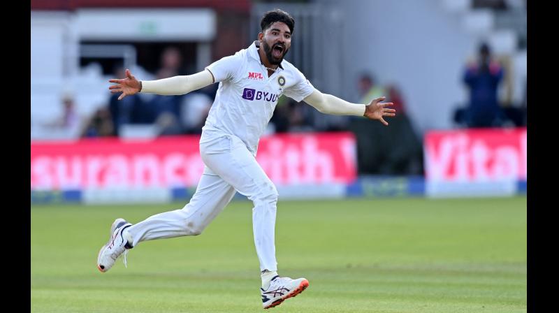 Indias Mohammed Siraj celebrates dismissing Englands Sam Curran for no runs on the fifth and final day of the second cricket Test match between England and India at Lords cricket ground in London on Monday. (Photo: AFP)