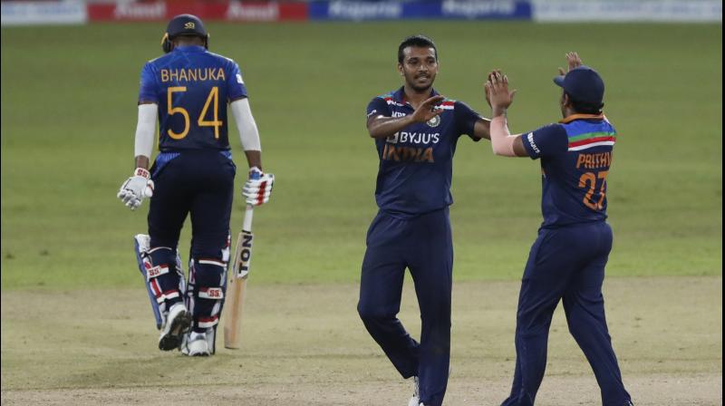India's bowler Chetan Sakariya, center, celebrate the dismissal of Sri Lanka's batsman Bhanuka Rajapaksa with team mate Prithvi Shaw during the third one day international cricket match between Sri Lanka and India in Colombo, Sri Lanka, Friday, July 23, 2021. (PTI Photo) India's bowler Chetan Sakariya, center, celebrate the dismissal of Sri Lanka's batsman Bhanuka Rajapaksa with team mate Prithvi Shaw during the third one day international cricket match between Sri Lanka and India in Colombo, Sri Lanka, Friday, July 23, 2021. (PTI Photo)