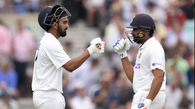 Indias KL Rahul, left, and Indias Rohit Sharma celebrate adding runs on day three of the fourth Test match at The Oval cricket ground in London, Saturday, Sept. 4, 2021. (Photo: AP)