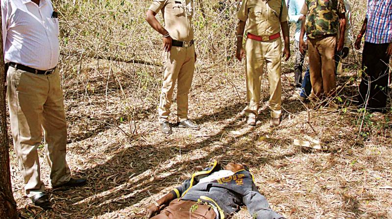 Forest guards and police officials at the encounter site in T.D. Gudda forest, Hassan. Forest guards and police officials at the encounter site in T.D. Gudda forest, Hassan.