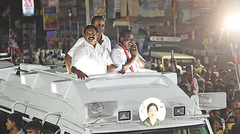 CM Chief Minister Edappadi Palaniswami and minister for municipal administration and rural development Velumani at an election campaign in Sulur. —DC CM Chief Minister Edappadi Palaniswami and minister for municipal administration and rural development Velumani at an election campaign in Sulur. —DC