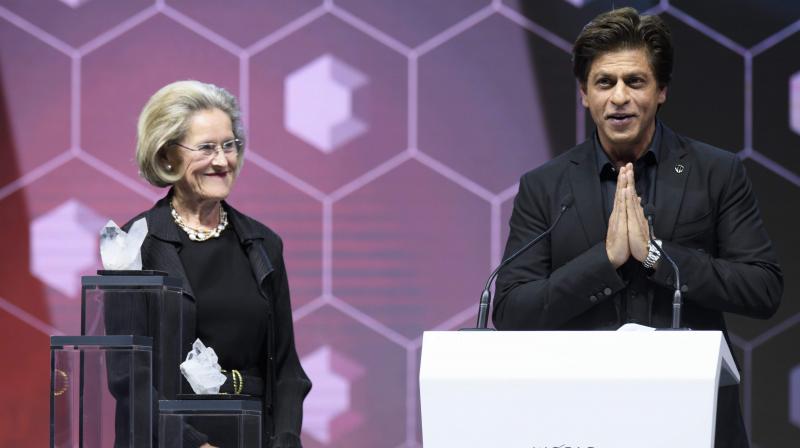 After thanking the World Economic Forum for the award, Shah Rukh Khan finished his speech with 'namaskar' and 'Jai Hind'. (Photo: AP) After thanking the World Economic Forum for the award, Shah Rukh Khan finished his speech with 'namaskar' and 'Jai Hind'. (Photo: AP)