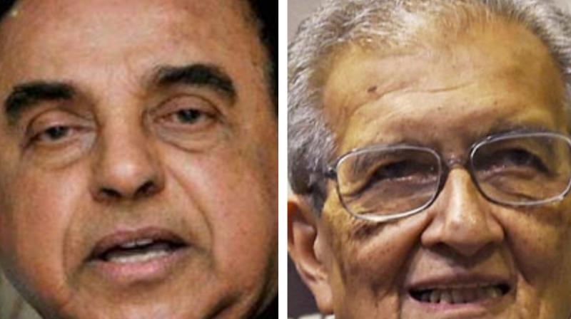 'NDA gave Bharat Ratna to Amartya Sen (R), who is a traitor. What has he done for the country except for looting Nalanda University?' Swamy (L) said. (Photo: PTI) 'NDA gave Bharat Ratna to Amartya Sen (R), who is a traitor. What has he done for the country except for looting Nalanda University?' Swamy (L) said. (Photo: PTI)