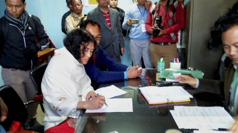 Irom Sharmila files nomination at DC Office for upcoming assembly election of Manipur in Thoubal constituency in Manipur. (Photo: PTI) Irom Sharmila files nomination at DC Office for upcoming assembly election of Manipur in Thoubal constituency in Manipur. (Photo: PTI)