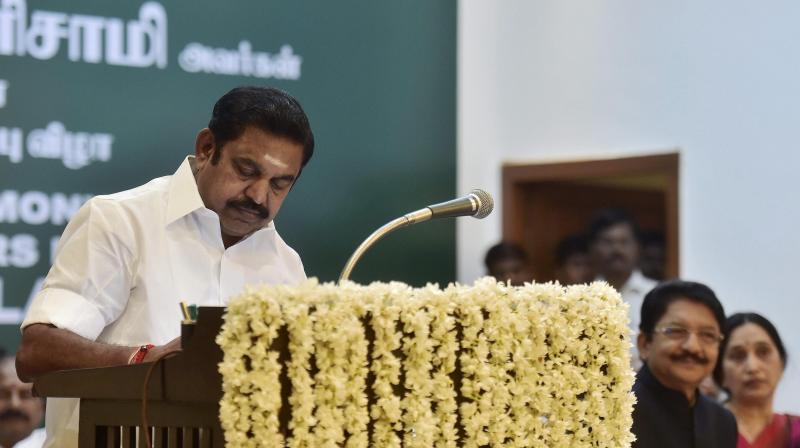 Chief Minister Edappadi K Palanisamy after taking the oath of secrecy administered by Governor CH Vidyasagar Rao during the swearing-in ceremony at Raj Bhavan in Chennai. (Photo: PTI) Chief Minister Edappadi K Palanisamy after taking the oath of secrecy administered by Governor CH Vidyasagar Rao during the swearing-in ceremony at Raj Bhavan in Chennai. (Photo: PTI)