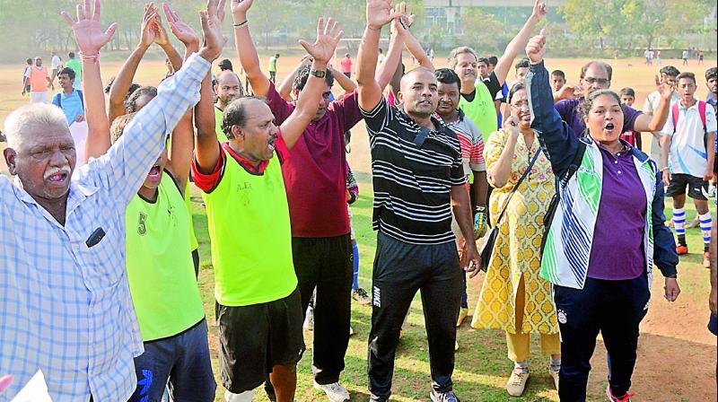 Residents, sports persons staged a protest at the Gymkhana Grounds to prot-ect city from turning into ‘concrete jungle’. Residents, sports persons staged a protest at the Gymkhana Grounds to prot-ect city from turning into ‘concrete jungle’.