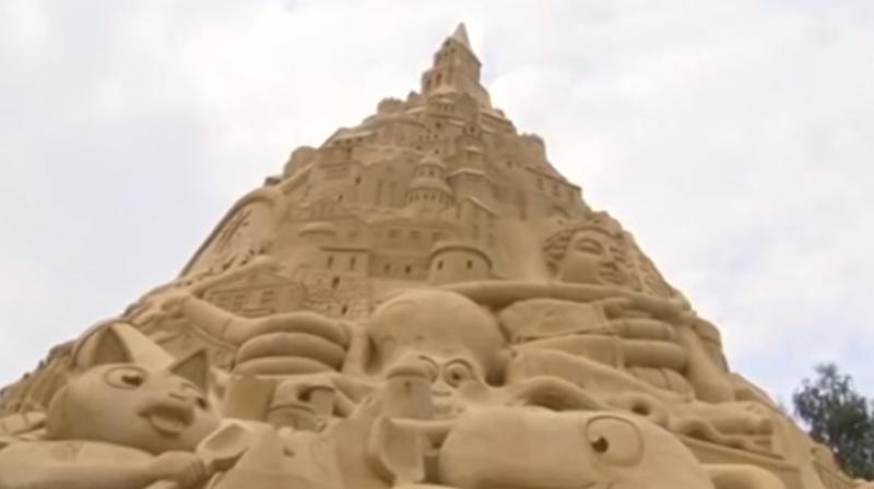 The previous tallest sandcastle, a 14.84 metre world peace monument was built in India in February (Photo: Youtube screengrab/ ANI) The previous tallest sandcastle, a 14.84 metre world peace monument was built in India in February (Photo: Youtube screengrab/ ANI)