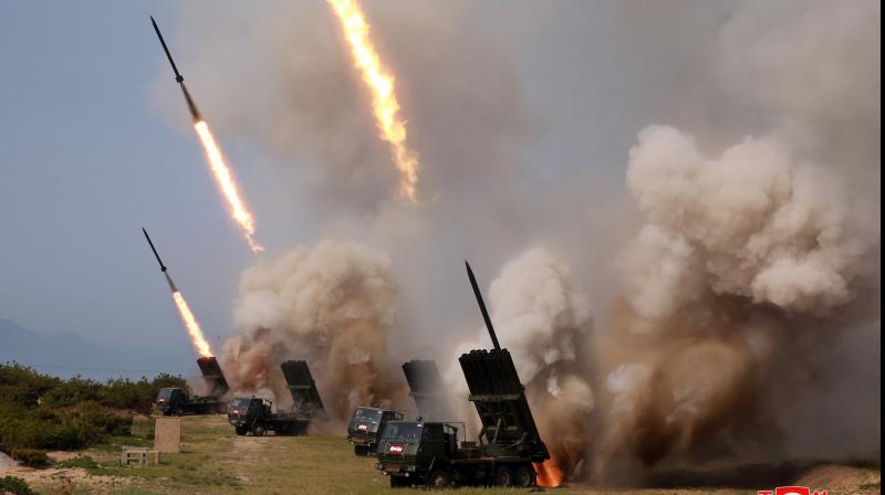 Kim was also evaluating 'the combat performance of arms and equipment' according to KCNA. (Photo:AP) Kim was also evaluating 'the combat performance of arms and equipment' according to KCNA. (Photo:AP)