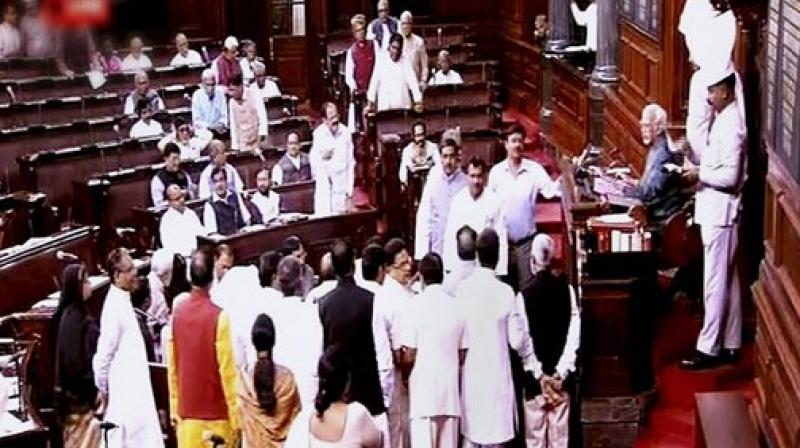 Opposition members raising issues in the Rajya Sabha in New Delhi on Monday. (PTI Photo / TV Grab) Opposition members raising issues in the Rajya Sabha in New Delhi on Monday. (PTI Photo / TV Grab)