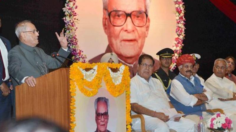 President Pranab Mukherjee delivers the first Bhairon Singh Shekhawat Memorial Lecture in Jaipur on Monday. (Photo: PTI) President Pranab Mukherjee delivers the first Bhairon Singh Shekhawat Memorial Lecture in Jaipur on Monday. (Photo: PTI)
