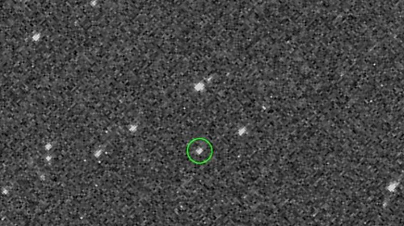 On Aug. 17, the OSIRIS-REx spacecraft obtained the first images of its target asteroid Bennu from a distance of 1.4 million miles (2.2 million km), or almost six times the distance between the Earth and Moon. This cropped set of five images was obtained by the PolyCam camera over the course of an hour for calibration purposes and in order to assist the mission’s navigation team with optical navigation efforts. Bennu is visible as a moving object against the stars in the constellation Serpens. Credits: NASA/Goddard/University of Arizona On Aug. 17, the OSIRIS-REx spacecraft obtained the first images of its target asteroid Bennu from a distance of 1.4 million miles (2.2 million km), or almost six times the distance between the Earth and Moon. This cropped set of five images was obtained by the PolyCam camera over the course of an hour for calibration purposes and in order to assist the mission’s navigation team with optical navigation efforts. Bennu is visible as a moving object against the stars in the constellation Serpens. Credits: NASA/Goddard/University of Arizona
