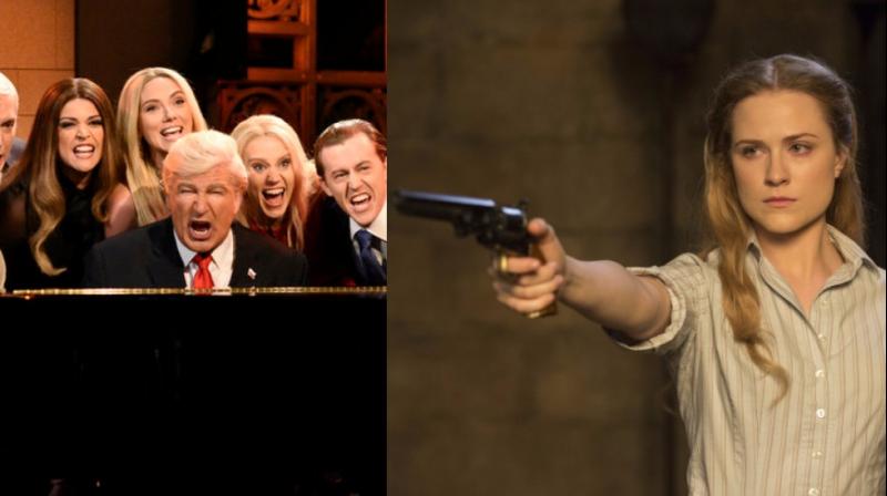 A still from one of the sketches by team 'Saturday Night Live' (L) and lead actress Evan Rachel Wood in an intense scene from 'Westworld.' A still from one of the sketches by team 'Saturday Night Live' (L) and lead actress Evan Rachel Wood in an intense scene from 'Westworld.'
