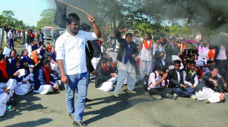 A file photo of college students blocking NH 37 in protest against the Citizenship (Amendment) Bill, 2016, in Dibrugarh in Assam. A file photo of college students blocking NH 37 in protest against the Citizenship (Amendment) Bill, 2016, in Dibrugarh in Assam.