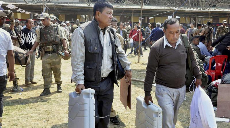 Officials leave for election duty on the eve of voting for the Assembly polls at Porompat, Imphal East. (Photo: PTI) Officials leave for election duty on the eve of voting for the Assembly polls at Porompat, Imphal East. (Photo: PTI)