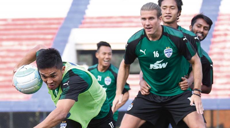 Bengaluru FC players at training on Saturday, eve of their ISL second leg semi-final against FC Pune City. Bengaluru FC players at training on Saturday, eve of their ISL second leg semi-final against FC Pune City.