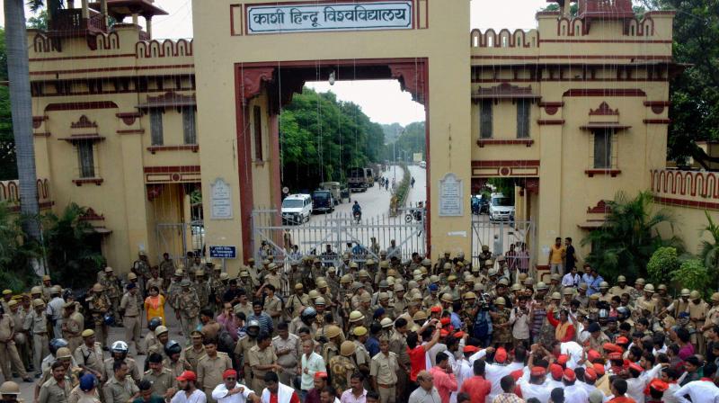 The Banaras Hindu University students protest near the university’s main gate. (Photo: PTI | File) The Banaras Hindu University students protest near the university’s main gate. (Photo: PTI | File)