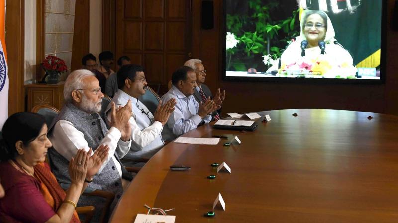 Besides the pipeline, the two leaders also inaugurated the construction of the third and fourth dual-gauge rail lines in Dhaka-Tongi section and the dual-gauge rail line in Tongi-Joydebpur section of Bangladesh Railway. (Photo: Twitter | @PIB_India) Besides the pipeline, the two leaders also inaugurated the construction of the third and fourth dual-gauge rail lines in Dhaka-Tongi section and the dual-gauge rail line in Tongi-Joydebpur section of Bangladesh Railway. (Photo: Twitter | @PIB_India)
