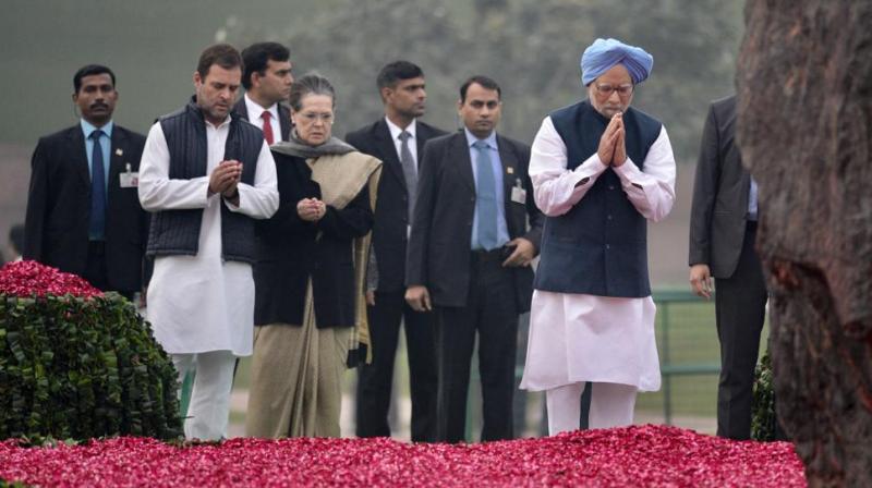UPA chairperson Sonia Gandhi, Congress chief Rahul Gandhi, former president Pranab Mukherjee, former VP Hamid Ansari and former PM Manmohan Singh paid tribute at Shakti Sthal in Delhi. (Photo: Twitter | @INCIndia) UPA chairperson Sonia Gandhi, Congress chief Rahul Gandhi, former president Pranab Mukherjee, former VP Hamid Ansari and former PM Manmohan Singh paid tribute at Shakti Sthal in Delhi. (Photo: Twitter | @INCIndia)