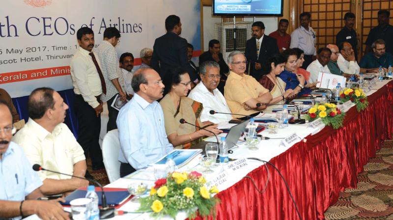 Chief Minister Pinarayi Vijayan takes part in the meeting of CEOs of different airlines operating from Kerala, in Thiruvananthapuram on Monday. (Photo:DC) Chief Minister Pinarayi Vijayan takes part in the meeting of CEOs of different airlines operating from Kerala, in Thiruvananthapuram on Monday. (Photo:DC)