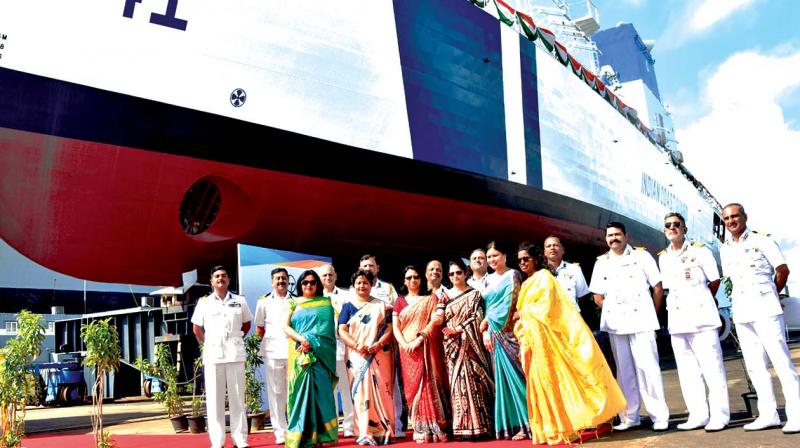 The 4th in the series of 98 M Offshore Patrol Vessels (OPVs) of Indian Coast Guard launched at L&T Kattupalli on Friday in the presence of Chief Guest IG V D Chafekar, commander, Coast Guard Region (West), Mumbai and senior dignitaries of the ICG, state Government and L&T. (Photo: DC) The 4th in the series of 98 M Offshore Patrol Vessels (OPVs) of Indian Coast Guard launched at L&T Kattupalli on Friday in the presence of Chief Guest IG V D Chafekar, commander, Coast Guard Region (West), Mumbai and senior dignitaries of the ICG, state Government and L&T. (Photo: DC)