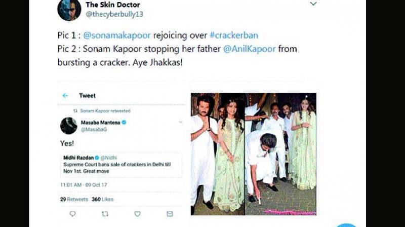 Sonam Kapoor was ecstatic when the SC decided to ban sale of crackers in Delhi. But in no time, her followers put up photographs of the actress partaking in Diwali celebrations as her father went on to light crackers — Twitter Sonam Kapoor was ecstatic when the SC decided to ban sale of crackers in Delhi. But in no time, her followers put up photographs of the actress partaking in Diwali celebrations as her father went on to light crackers — Twitter