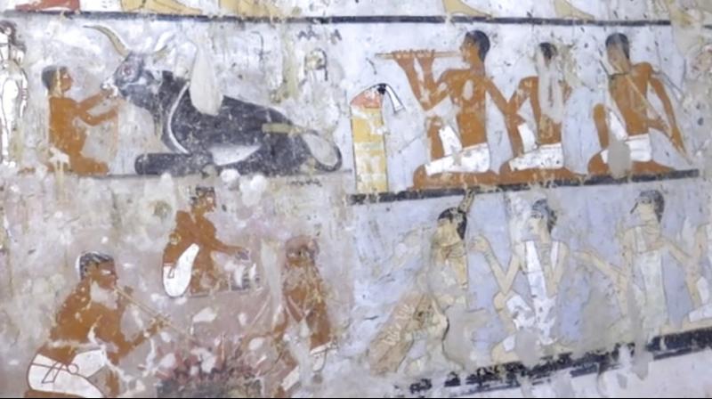 Wall paintings inside a 4,400-year-old tomb near the pyramids outside Cairo, Egypt. Egypt's Antiquities Ministry announced the discovery Saturday and said the tomb likely belonged to a high-ranking official known as Hetpet during the 5th Dynasty of ancient Egypt. The tomb includes wall paintings depicting Hetpet observing different hunting and fishing scenes. (Photo: AP) Wall paintings inside a 4,400-year-old tomb near the pyramids outside Cairo, Egypt. Egypt's Antiquities Ministry announced the discovery Saturday and said the tomb likely belonged to a high-ranking official known as Hetpet during the 5th Dynasty of ancient Egypt. The tomb includes wall paintings depicting Hetpet observing different hunting and fishing scenes. (Photo: AP)