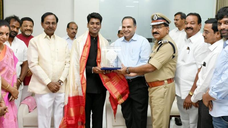 Telangana Chief Minister K Chandrasekhar Rao complimented Anudeep, saying he is a role model to many young people in the state. (Photo: Twitter/@TelanganaCMO) Telangana Chief Minister K Chandrasekhar Rao complimented Anudeep, saying he is a role model to many young people in the state. (Photo: Twitter/@TelanganaCMO)
