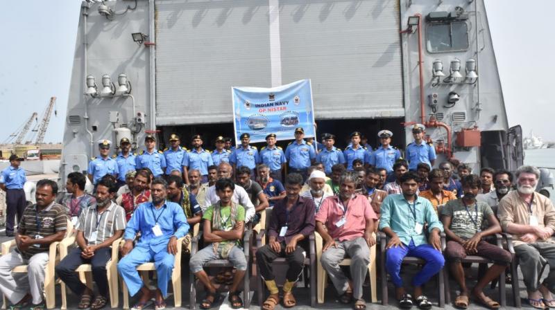 Indian naval ship INS Sunayna rescued the Indians and entered the Porbandar harbour in Gujarat at around 9 am. (Photo: @IndianNavy/Twitter) Indian naval ship INS Sunayna rescued the Indians and entered the Porbandar harbour in Gujarat at around 9 am. (Photo: @IndianNavy/Twitter)
