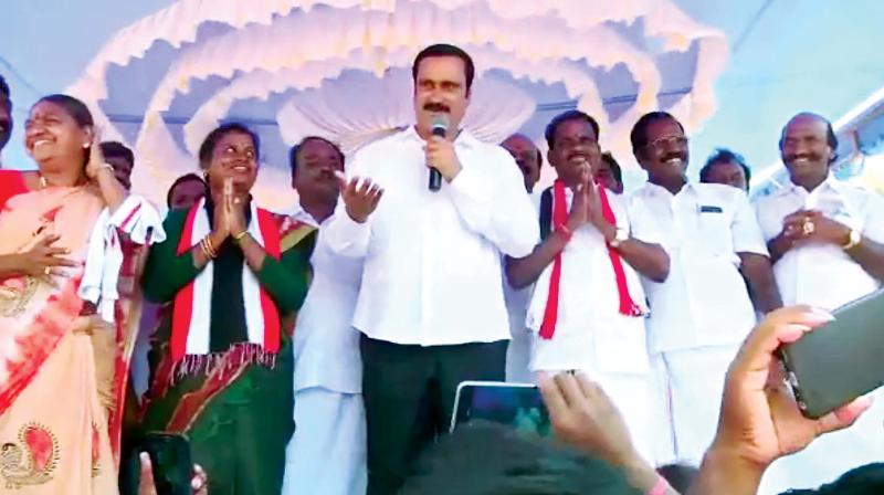 PMK leader Dr Anbumani Ramadoss making his ‘poll booth’ speech at Thiruporur campaign rally on Thursday. AIADMK former minister Valarmathi appears excited while the two AIADMK candidates look quite happy at his very ‘reassuring’ promise that their victory in the April 18 polls is guaranteed. (DC) PMK leader Dr Anbumani Ramadoss making his ‘poll booth’ speech at Thiruporur campaign rally on Thursday. AIADMK former minister Valarmathi appears excited while the two AIADMK candidates look quite happy at his very ‘reassuring’ promise that their victory in the April 18 polls is guaranteed. (DC)