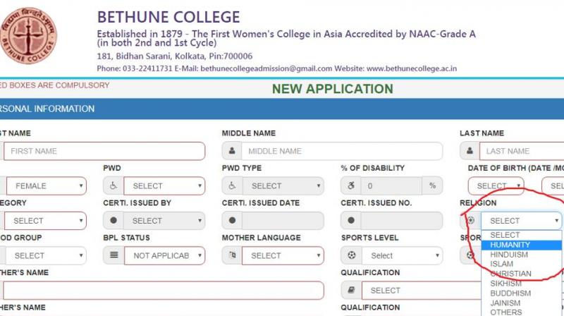 It is the first women’s college in Asia which has taken a noticeable step by keeping ‘Humanity’ as the first option in the ‘Religion’ tab for the admission process that began on May 27. (Photo: Bethune College | Screenshot) It is the first women’s college in Asia which has taken a noticeable step by keeping ‘Humanity’ as the first option in the ‘Religion’ tab for the admission process that began on May 27. (Photo: Bethune College | Screenshot)