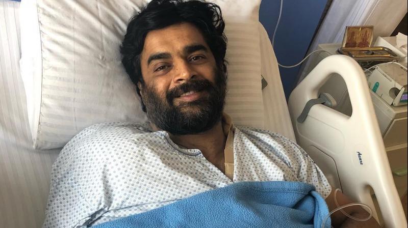 R. Madhavan after shoulder surgery. R. Madhavan after shoulder surgery.