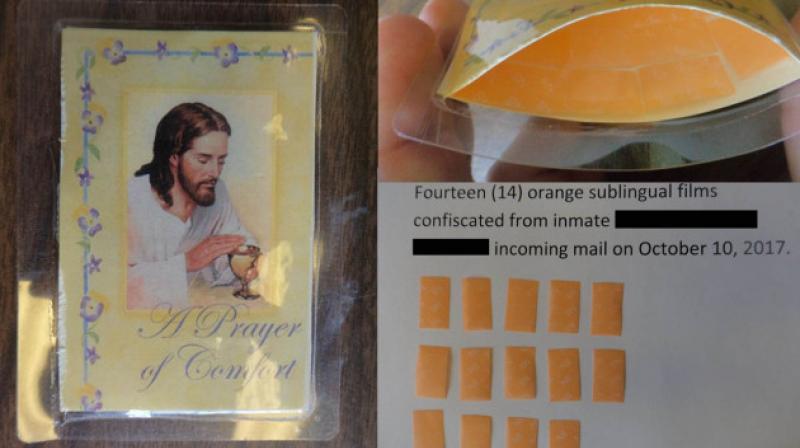 The card containing more than a dozen strips of Suboxone was mailed to an inmate housed at the state’s medium-security prison in Concord. (Photo: AP) The card containing more than a dozen strips of Suboxone was mailed to an inmate housed at the state’s medium-security prison in Concord. (Photo: AP)