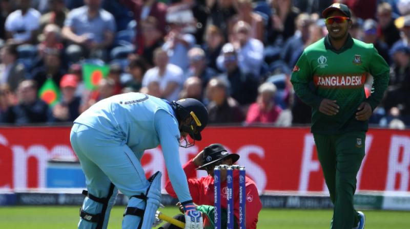 England batsman Jason Roy wasn't aware he was about to clatter into an unsuspecting umpire who also was looking out into the field. Bang! Down went West Indian official Joel Wilson, much to the shock of Roy and the initial amusement of his teammates who were laughing heartily from the balcony of the team's dressing room. (Photo:AFP England batsman Jason Roy wasn't aware he was about to clatter into an unsuspecting umpire who also was looking out into the field. Bang! Down went West Indian official Joel Wilson, much to the shock of Roy and the initial amusement of his teammates who were laughing heartily from the balcony of the team's dressing room. (Photo:AFP