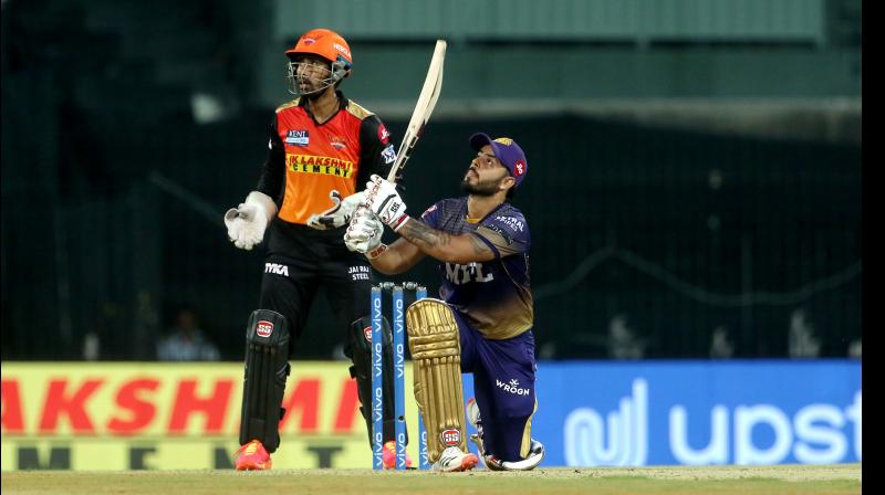 KKR opener Nitish Rana en route to his half-century against Sunrisers Hyderabad in an IPL match in Chennai on Sunday. 	 IPL