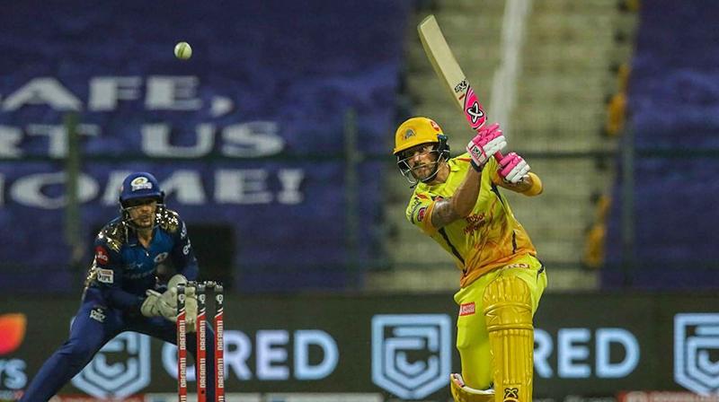 CSK player Faf du Plessis plays a shot during the first cricket match of IPL 2020 against Mumbai Indians, at Sheikh Zayed Stadium, Abu Dhabi, UAE, Saturday. (PTI)