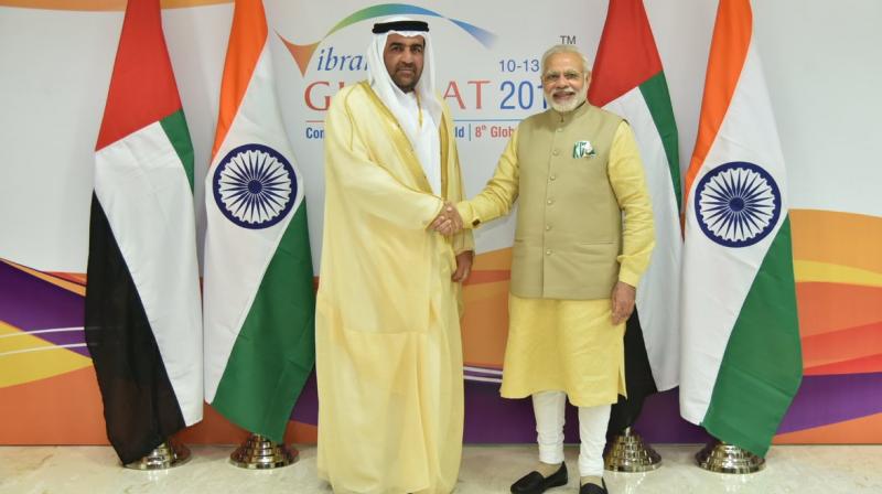 Narendra Modi with Rashid Ahmad bin Fahad, Cabinet Member of the UAE. (Photo: Twitter/MEA) Narendra Modi with Rashid Ahmad bin Fahad, Cabinet Member of the UAE. (Photo: Twitter/MEA)